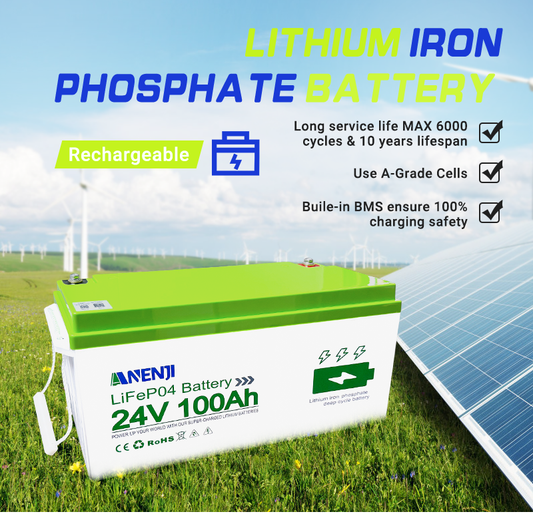 Anenji 24V 100AH LiFePO4 Battery Deep Cycles Lithium Iron Phosphate Battery