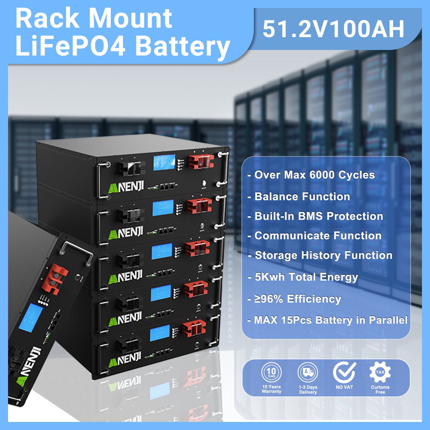 Anenjisolar51.2V 100Ah Rack-mounted LiFePO4 Battery 6000+ Cycles Built in BMS 5KWH Support Parallel for Solar System