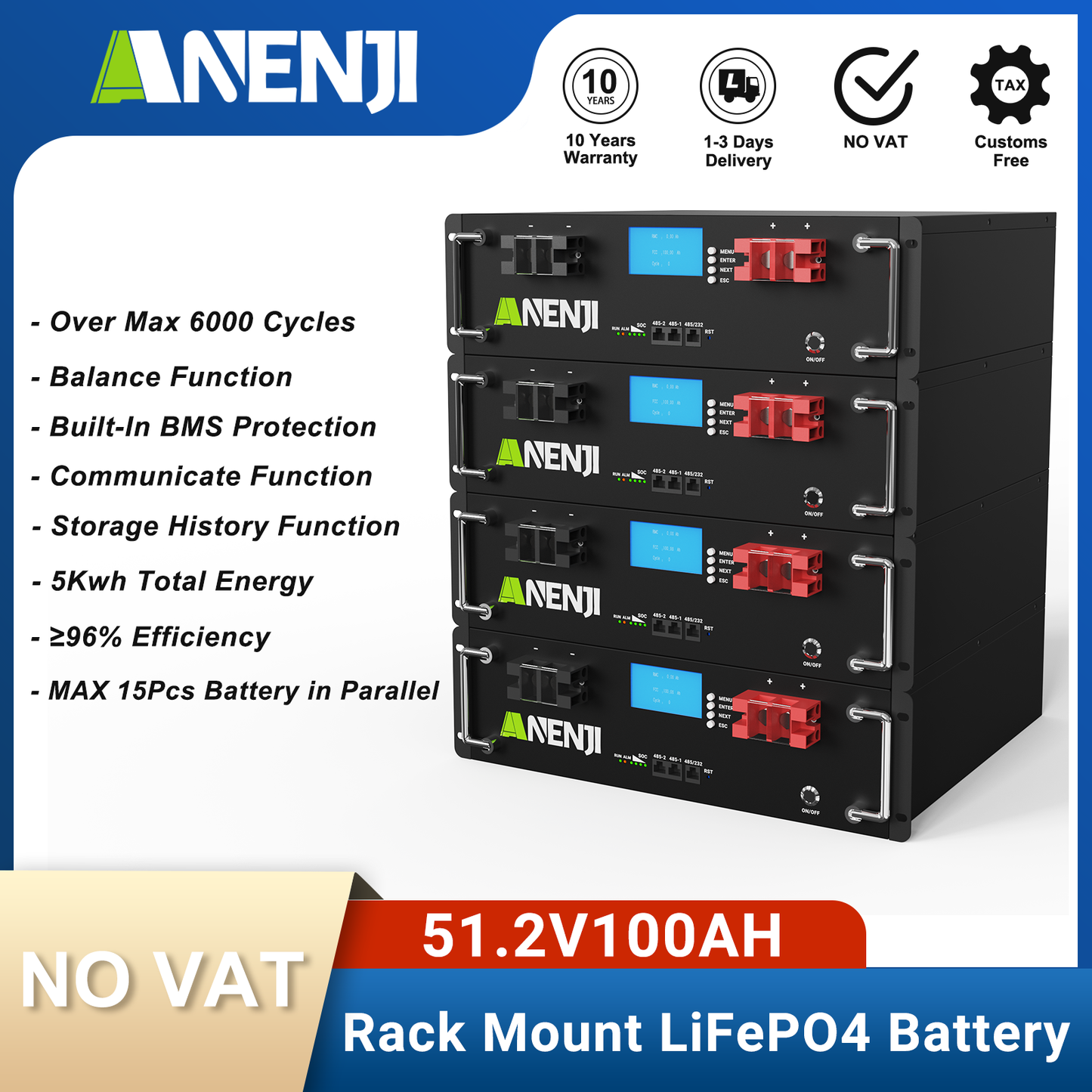 Anenjisolar51.2V 100Ah Rack-mounted LiFePO4 Battery 6000+ Cycles Built in BMS 5KWH Support Parallel for Solar System