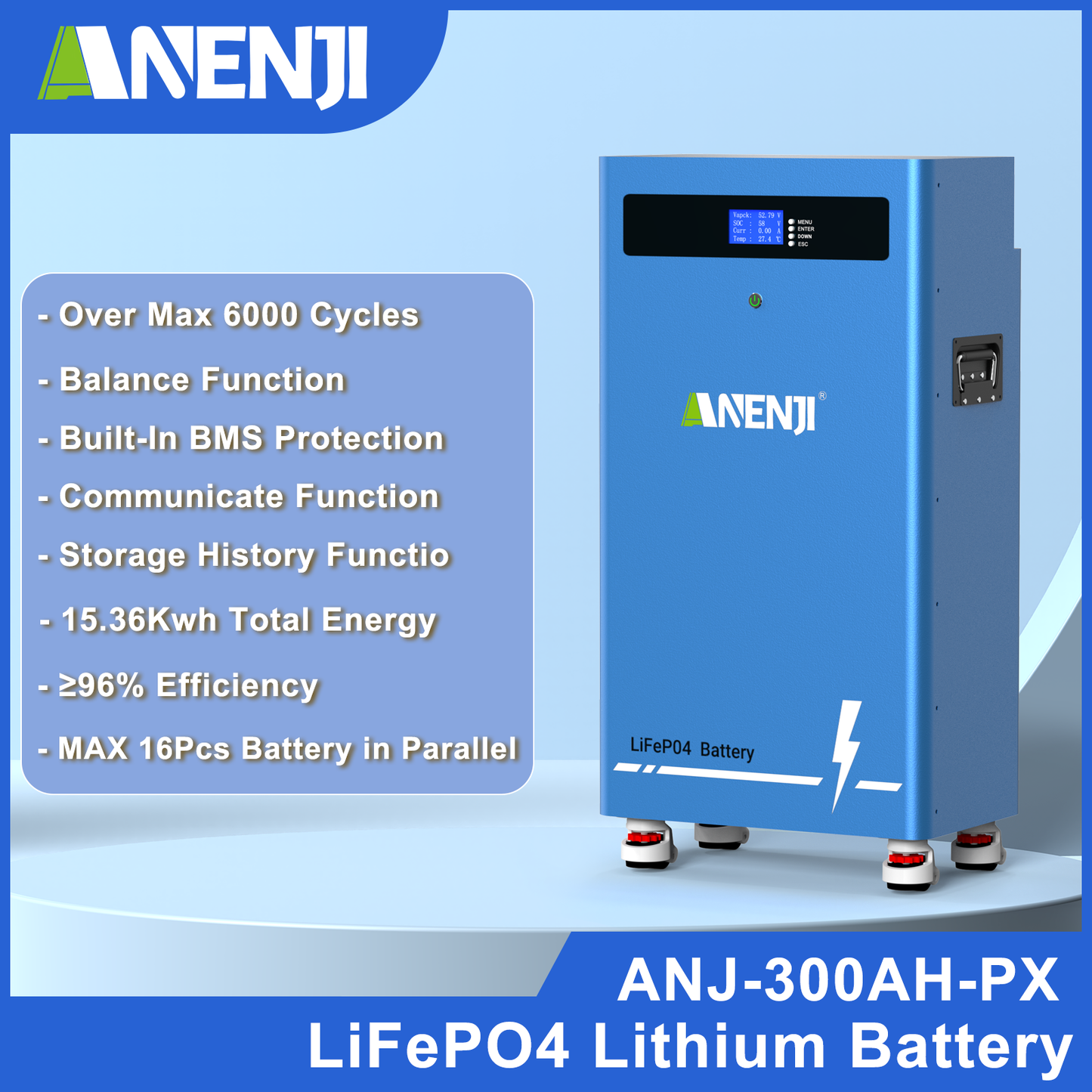 51.2V 300AH LiFePO4 Battery 15.36kWh Built-in BMS