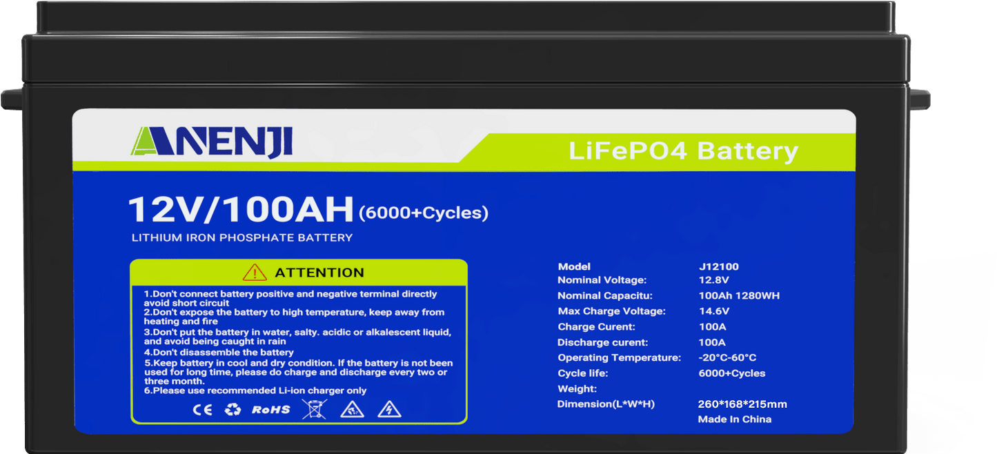 Anenji 12V 100AH LiFePO4 Battery 1.28Kwh 6000+ deep cycles Built - in BMS - ANENJISOLAR