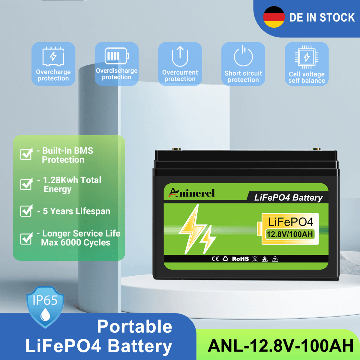 [0% Vat] Aninerel 12.8V LiFePO4 Battery, 100Ah Solar Lithium Iron Phosphate Battery, Portable Rechargeable Battery with Built-in BMS and Bluetooth - ANENJISOLAR