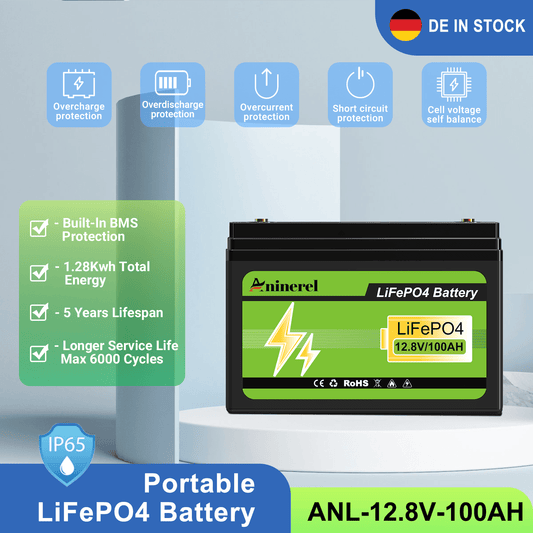 [0% Vat] Aninerel 12.8V LiFePO4 Battery, 100Ah Solar Lithium Iron Phosphate Battery, Portable Rechargeable Battery with Built-in BMS and Bluetooth - ANENJISOLAR