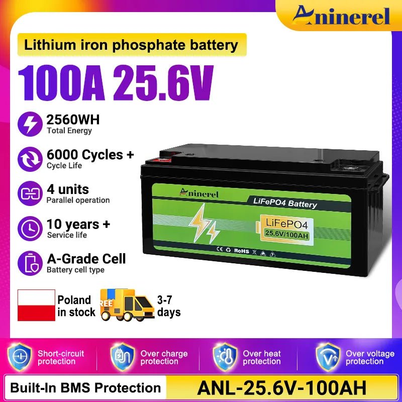 [🔥0 VAT] Aninerel 24V 100Ah LiFePO4 Battery Bluetooth 6000+ Cycles Grade A RV Solar Home Lithium Pack Built-in BMS - ANENJISOLAR