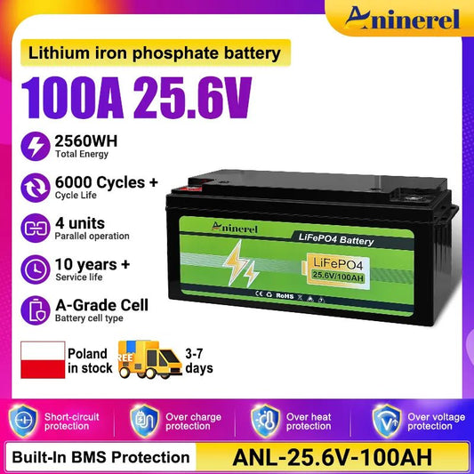 [🔥0 VAT] Aninerel 24V 100Ah LiFePO4 Battery Bluetooth 6000+ Cycles Grade A RV Solar Home Lithium Pack Built-in BMS - ANENJISOLAR