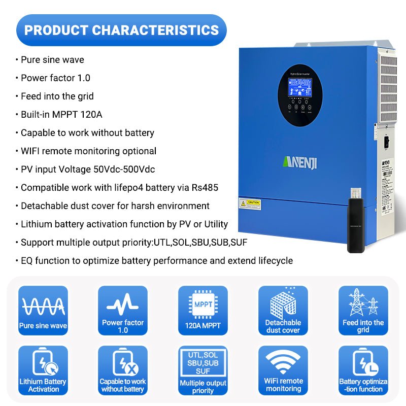 [0% Vat]2026 New Model：Anenji 2.5KW 12V 230V hybrid Solar Inverter MPPT Pure sine wave Off grid inverter with WIFI - ANENJISOLAR