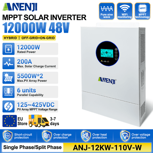 [0%VAT]Anenji 12KW 48V Hybrid Solar Inverter Split Phase 120V/240V Dual MPPT Charger Parallel 6 units - ANENJISOLAR