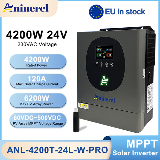 Aninerel 4.2 kW 24V/230V Hybrid Solar Inverter Grid-Tied/Off-Grid Inverter with WiFi 120 Amp MPPT Dual Output