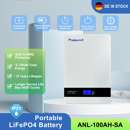 [0% Vat]Aninerel 51.2V 100Ah Powerwall LiFePO4 Wall-Mounted Battery Pack 48V 5Kwh for Solar Off/On Grid Built-in BMS 6000+ Cycles