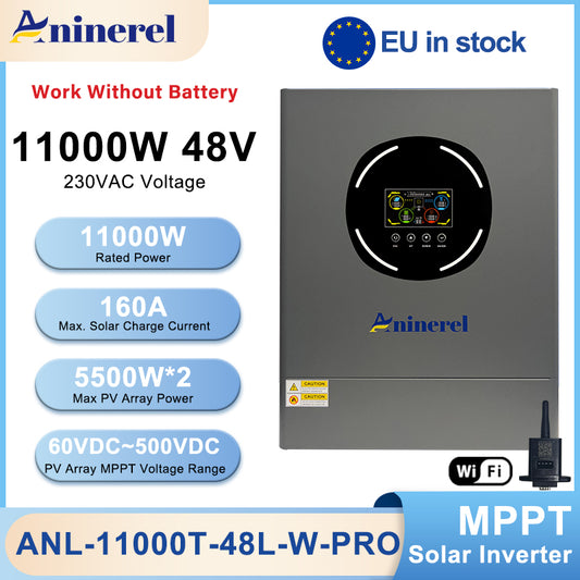 Aninerel 11kW 48V 230V Hybrid Solar Inverter Pure Sine Wave Dual Output Color LCD Display MPPT*2 Off-Grid + Grid-Tied 500V DC with WiFi