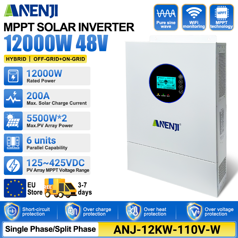 [0%VAT]Anenji 12KW 48V Hybrid Solar Inverter Split Phase 120V/240V Dual MPPT Charger Parallel 6 units