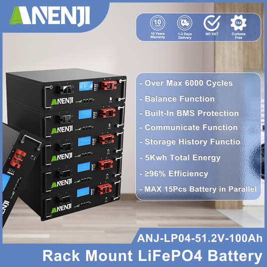 Anenjisolar51.2V 100Ah Rack-mounted LiFePO4 Battery 6000+ Cycles Built in BMS 5KWH Support Parallel for Solar System