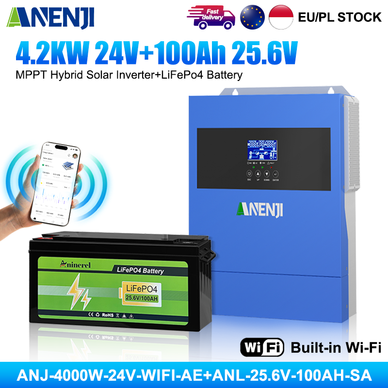 ANENJI 2026 New Bundle｜4200W 24V On‑Grid Off‑Grid Hybrid Solar Inverter (6200W Peak, WiFi) + Aninerel 24V 100Ah LiFePO4 Battery Bluetooth BMS, Complete Solar Energy Storage Kit For Home RV Off‑Grid Backup Power