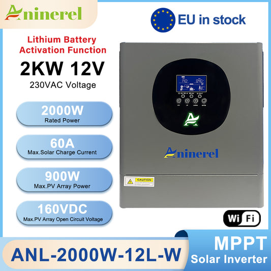 Aninerel 2KW 12V 230V Hybrid Solar Inverter MPPT Pure Sine Wave Off-Grid Inverter with WIFI Function 30VDC-160VDC