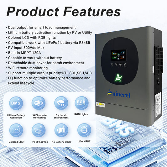 Aninerel 6.2KW 48V 230V Hybrid Solar Inverter Pure Sine Wave Grid-Tied/Off-Grid Dual-Use MPPT 120A With WIFI Function