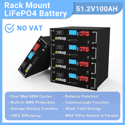 Anenjisolar51.2V 100Ah Rack-mounted LiFePO4 Battery 6000+ Cycles Built in BMS 5KWH Support Parallel for Solar System