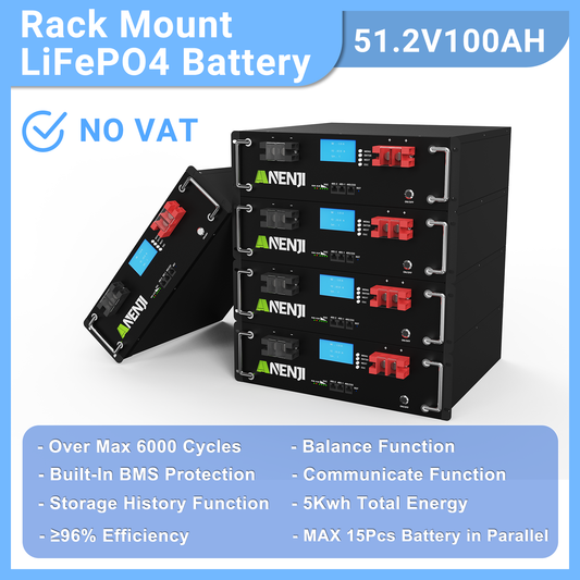 Anenjisolar51.2V 100Ah Rack-mounted LiFePO4 Battery 6000+ Cycles Built in BMS 5KWH Support Parallel for Solar System