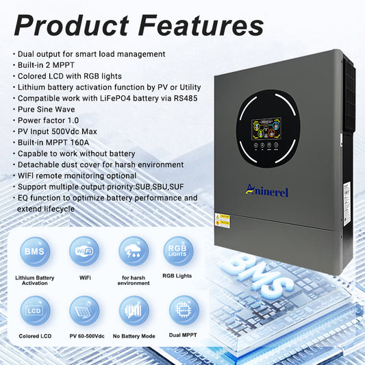 Aninerel 11kW 48V 230V Hybrid Solar Inverter Pure Sine Wave Dual Output Color LCD Display MPPT*2 Off-Grid + Grid-Tied 500V DC with WiFi