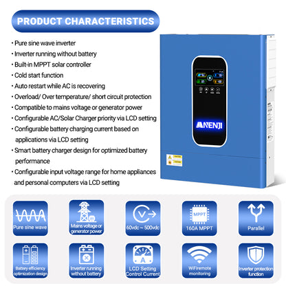 11KW 48V Hybrid Solar Inverter Pure Sine Wave Off-Grid+On-Grid 2*MPPT with WIFI Parallel Function for 6 unit Max