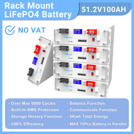 Aninerel 51.2V 100Ah Rack-mounted LiFePO4 Battery 6000+ Cycles Built in BMS 5KWH Support Parallel for Solar System