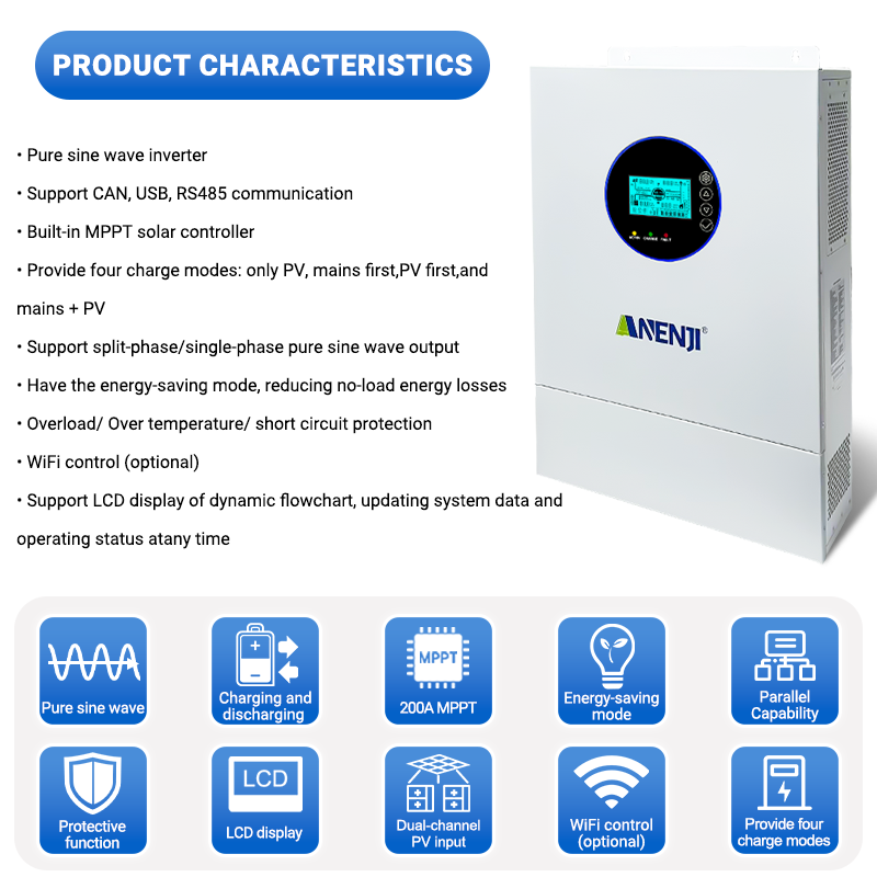 [0%VAT]Anenji 12KW 48V Hybrid Solar Inverter Split Phase 120V/240V Dual MPPT Charger Parallel 6 units