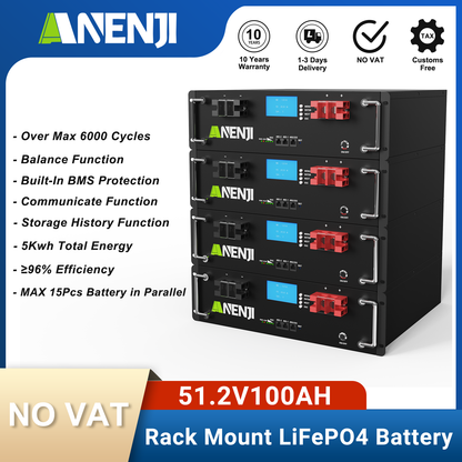 Anenjisolar51.2V 100Ah Rack-mounted LiFePO4 Battery 6000+ Cycles Built in BMS 5KWH Support Parallel for Solar System