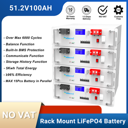 Aninerel 51.2V 100Ah Rack-mounted LiFePO4 Battery 6000+ Cycles Built in BMS 5KWH Support Parallel for Solar System