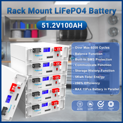 Aninerel 51.2V 100Ah Rack-mounted LiFePO4 Battery 6000+ Cycles Built in BMS 5KWH Support Parallel for Solar System