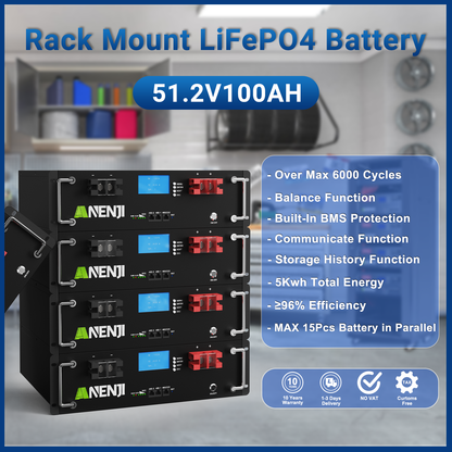 Anenjisolar51.2V 100Ah Rack-mounted LiFePO4 Battery 6000+ Cycles Built in BMS 5KWH Support Parallel for Solar System