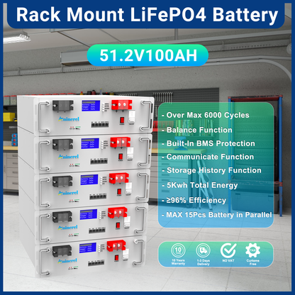 Aninerel 51.2V 100Ah Rack-mounted LiFePO4 Battery 6000+ Cycles Built in BMS 5KWH Support Parallel for Solar System