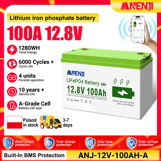 （🔥 618 BEST SELLER） Anenji 12V 100AH LiFePO4 Battery 1.28Kwh 6000+ deep cycles Built - in BMS - ANENJISOLAR