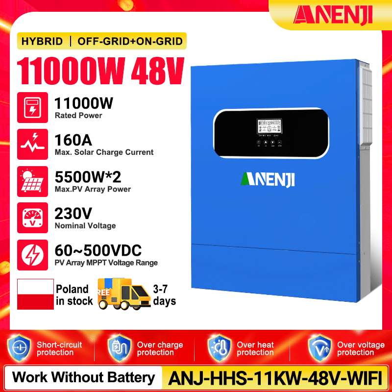 (🔥 618 BEST SELLER)Anenji 11KW 48V 230V Hybrid Solar Inverter Pure Sine Wave Off - Grid+On - Grid 2*MPPT with WIFI - ANENJISOLAR