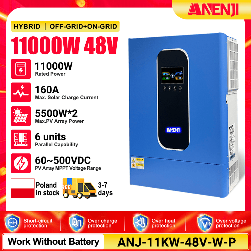 (🔥 618 BEST SELLER)Anenji 11KW 48V 230V Hybrid Solar Inverter Pure Sine Wave Off - Grid+On - Grid 2*MPPT with WIFI Parallel Function for 6 unit Max - ANENJISOLAR