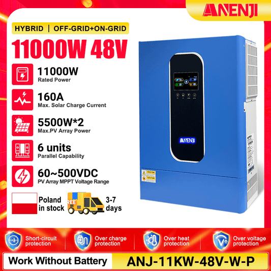 (🔥 618 BEST SELLER)Anenji 11KW 48V 230V Hybrid Solar Inverter Pure Sine Wave Off - Grid+On - Grid 2*MPPT with WIFI Parallel Function for 6 unit Max - ANENJISOLAR