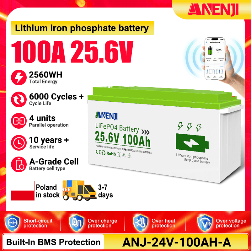 （🔥 618 BEST SELLER）Anenji 24V 100AH LiFePO4 Battery Deep Cycles Lithium Iron Phosphate Battery - ANENJISOLAR