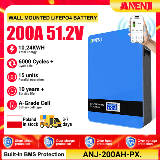 (🔥 618 BEST SELLER)Anenji 51.2V 200Ah LiFePO4 Wall - Mounted Battery Pack 48V 10Kwh Built - in BMS 6000+ Cycles - ANENJISOLAR