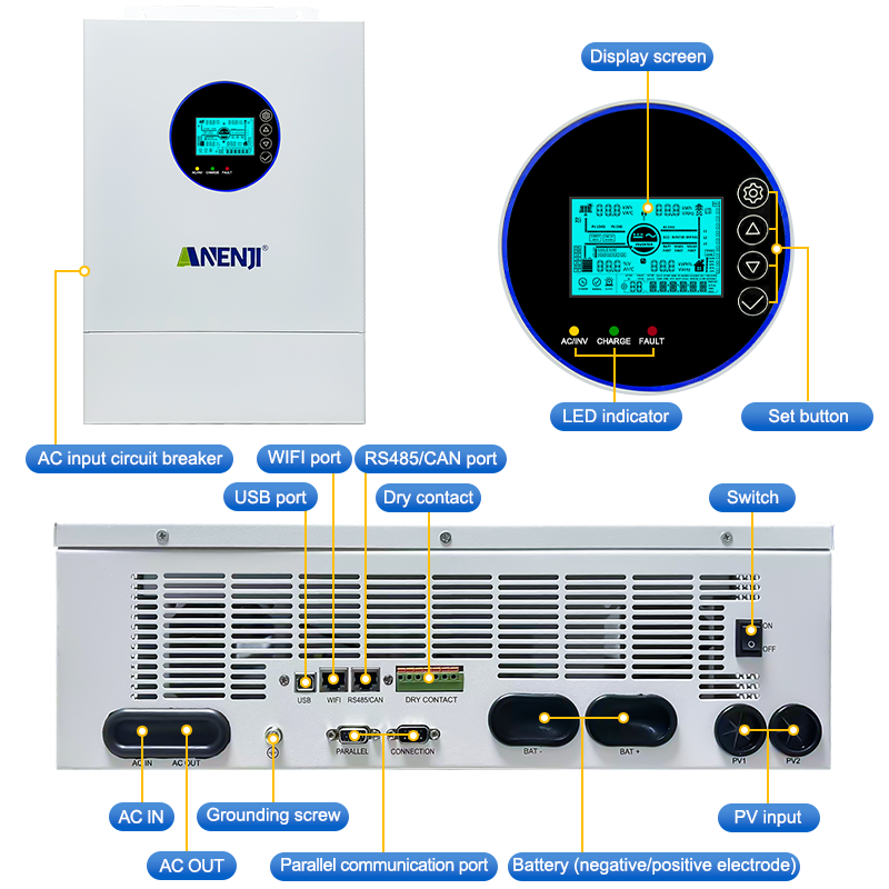 [0%VAT]Anenji 12KW 48V Hybrid Solar Inverter Split Phase 120V/240V Dual MPPT Charger Parallel 6 units