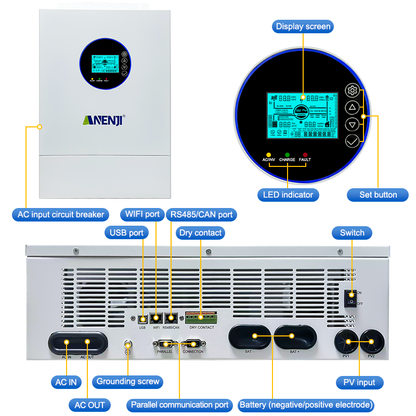 [0%VAT]Anenji 12KW 48V Hybrid Solar Inverter Split Phase 120V/240V Dual MPPT Charger Parallel 6 units
