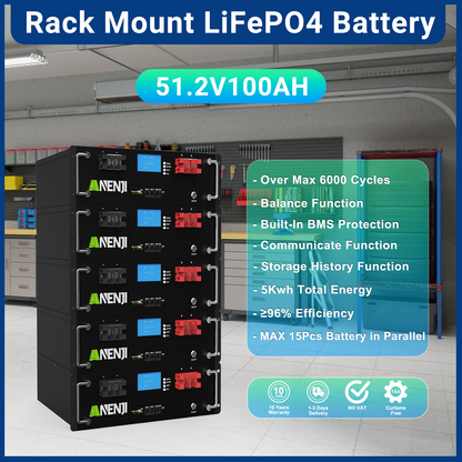 Anenjisolar51.2V 100Ah Rack-mounted LiFePO4 Battery 6000+ Cycles Built in BMS 5KWH Support Parallel for Solar System