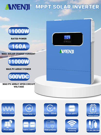 11KW 48V Hybrid Solar Inverter Pure Sine Wave Off-Grid+On-Grid 2*MPPT with WIFI