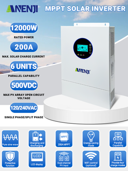 [0%VAT]Anenji 12KW 48V Hybrid Solar Inverter Split Phase 120V/240V Dual MPPT Charger Parallel 6 units