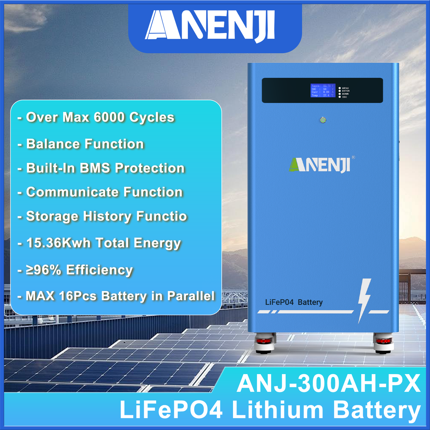 51.2V 300AH LiFePO4 Battery 15.36kWh Built-in BMS