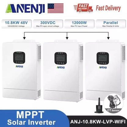 Anenji 10.8KW Hybrid Solar Inverter 48V 120V/208VAC Three Phase MPPT Charger Controller - ANENJISOLAR