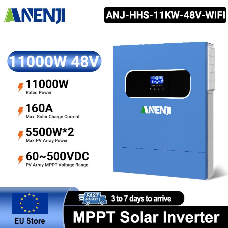 Anenji 11KW 48V 230V Hybrid Solar Inverter Pure Sine Wave Off - Grid+On - Grid 2*MPPT with WIFI - ANENJISOLAR