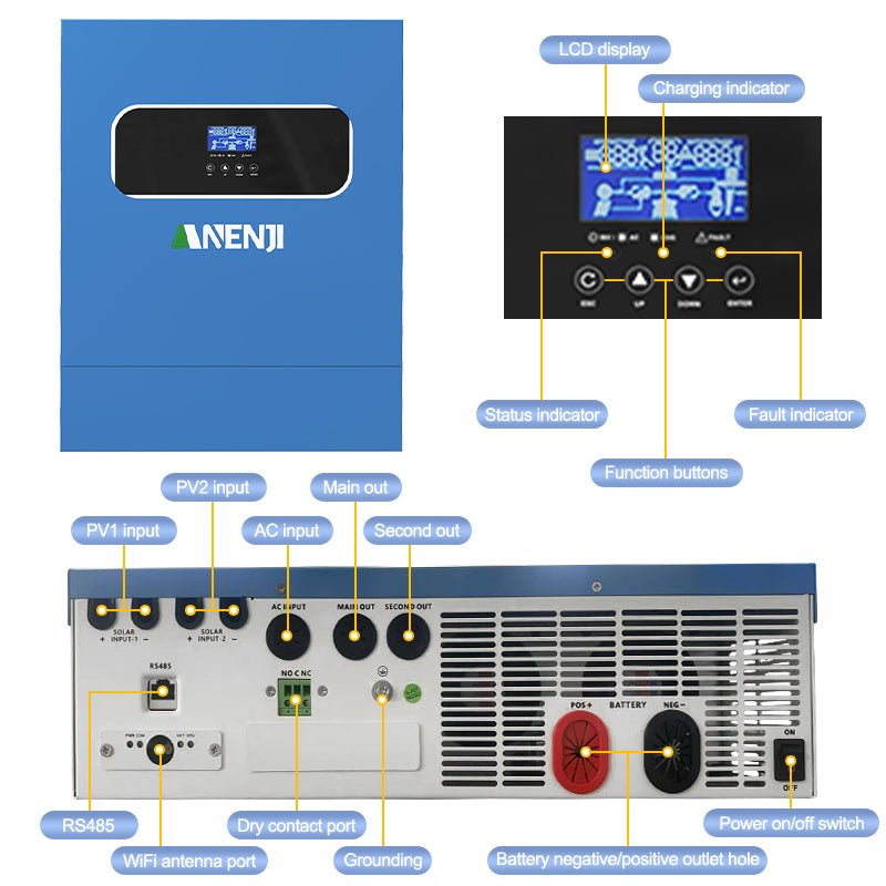 Anenji 11KW 48V 230V Hybrid Solar Inverter Pure Sine Wave Off - Grid+On - Grid 2*MPPT with WIFI - ANENJISOLAR