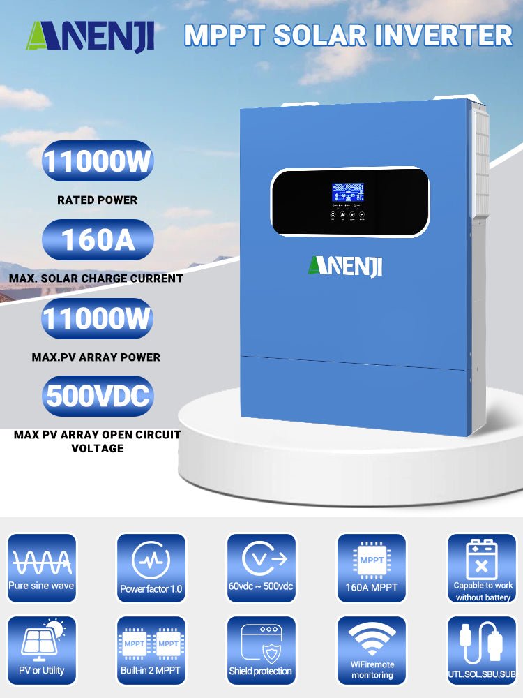 Anenji 11KW 48V 230V Hybrid Solar Inverter Pure Sine Wave Off - Grid+On - Grid 2*MPPT with WIFI - ANENJISOLAR