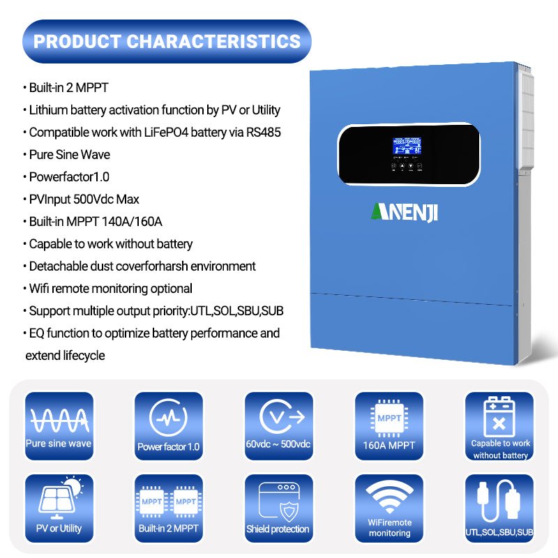 Anenji 11KW 48V 230V Hybrid Solar Inverter Pure Sine Wave Off - Grid+On - Grid 2*MPPT with WIFI - ANENJISOLAR