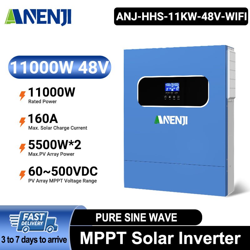Anenji 11KW 48V 230V Hybrid Solar Inverter Pure Sine Wave Off - Grid+On - Grid 2*MPPT with WIFI - ANENJISOLAR