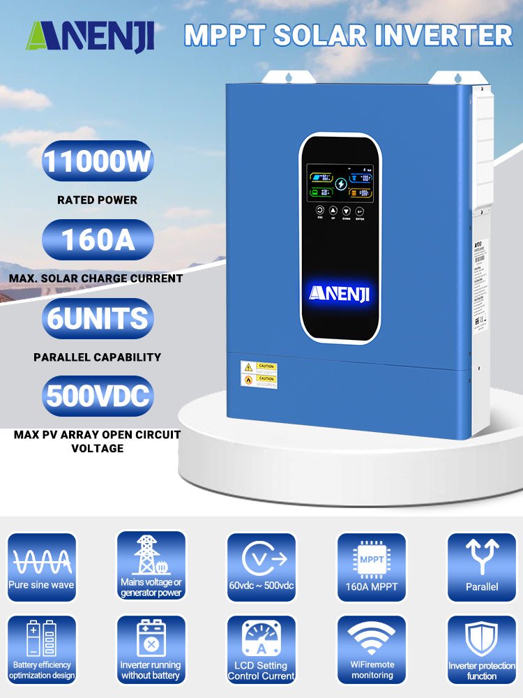 Anenji 11KW 48V 230V Hybrid Solar Inverter Pure Sine Wave Off - Grid+On - Grid 2*MPPT with WIFI Parallel Function for 6 unit Max - ANENJISOLAR