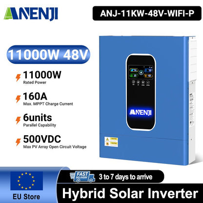 Anenji 11KW 48V 230V Hybrid Solar Inverter Pure Sine Wave Off - Grid+On - Grid 2*MPPT with WIFI Parallel Function for 6 unit Max - ANENJISOLAR